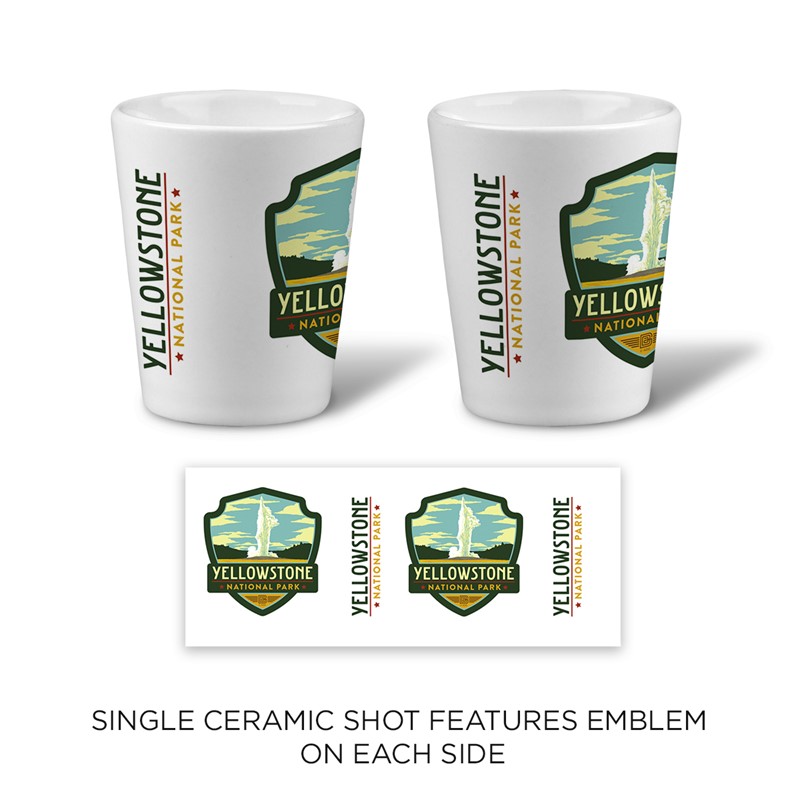 Yellowstone Old Faithful Emblem Ceramic Shot | Printed in the USA