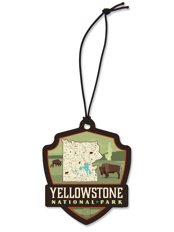 Map of Yellowstone NP Emblem Wood Ornament | American Made