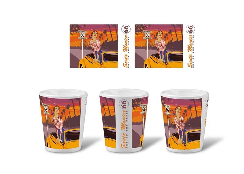 Santa Monica Pier Rt 66 Girl Ceramic Shot | Printed in the USA