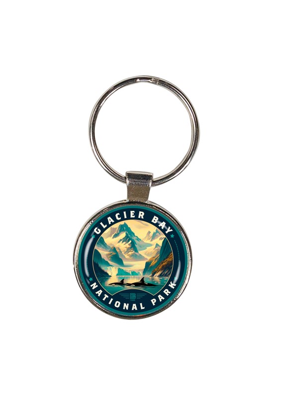 Glacier Bay NP Gliding Orcas Circle Dome Key Ring American Made