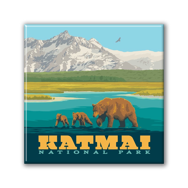 Katmai NP Mama Bear Cubs Square Magnet| Metal Magnet