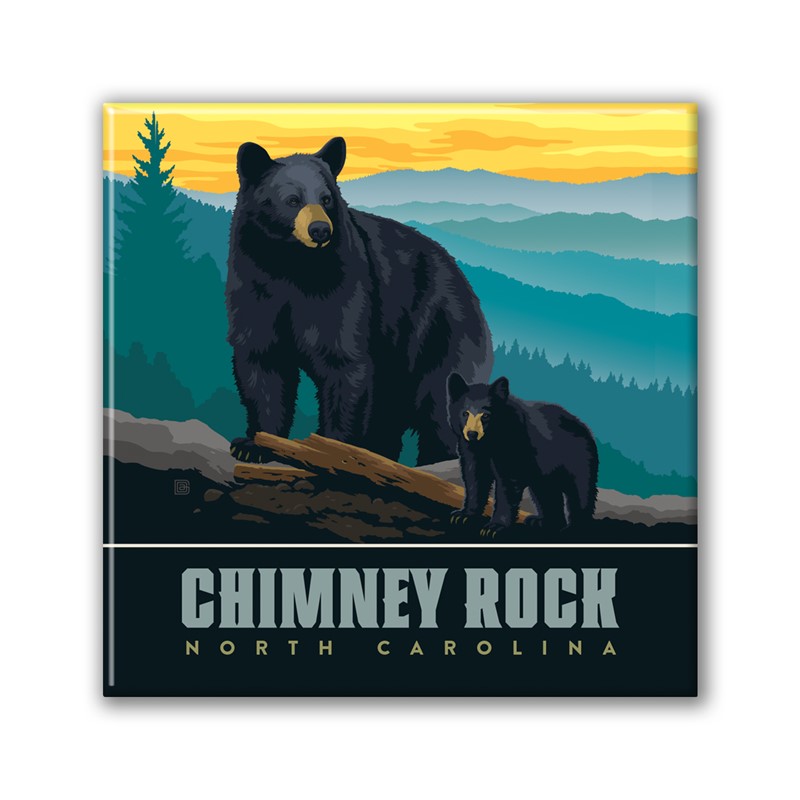 Chimney Rock NC Mama Bear and Cub Square Magnet| Metal Magnet
