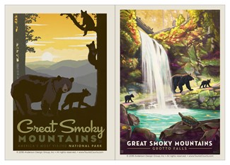Great Smoky Mama Bear & Cubs / Great Smoky Grotto Falls Double Magnet