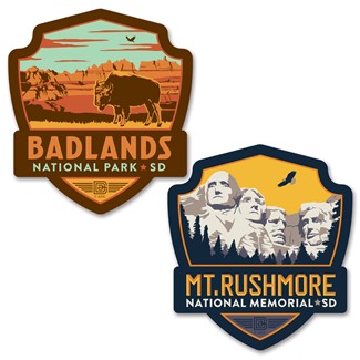 Badlands NP Print & Mount Rushmore NM Emblem Car Coaster Set