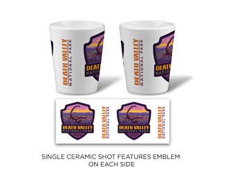 Death Valley NP Scorpion Emblem Ceramic Shot Glass | Printed in the USA