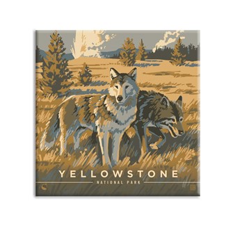 Yellowstone NP Wandering Wolves Square Magnet | Metal Magnet