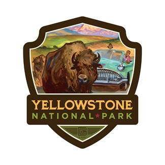 Yellowstone NP Bison Crossing Small Emblem Sticker Made in the USA