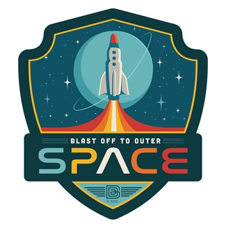 70s Style Blast Off to Outer Space Emblem Sticker