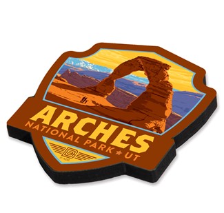 Arches NP Delicate Arch Sunset Emblem Wood Magnet