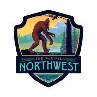 Pacific Northwest Mountain Lake Bigfoot Emblem Sticker